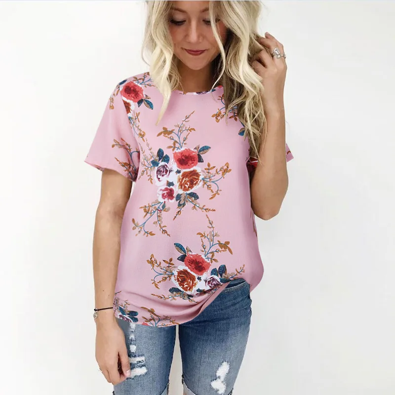 

Wontive Women Ladies Pink Sexy Casual Floral Printing T-shirt Short Sleeve Tops T Shirt Women Short Feminino Casual Wear