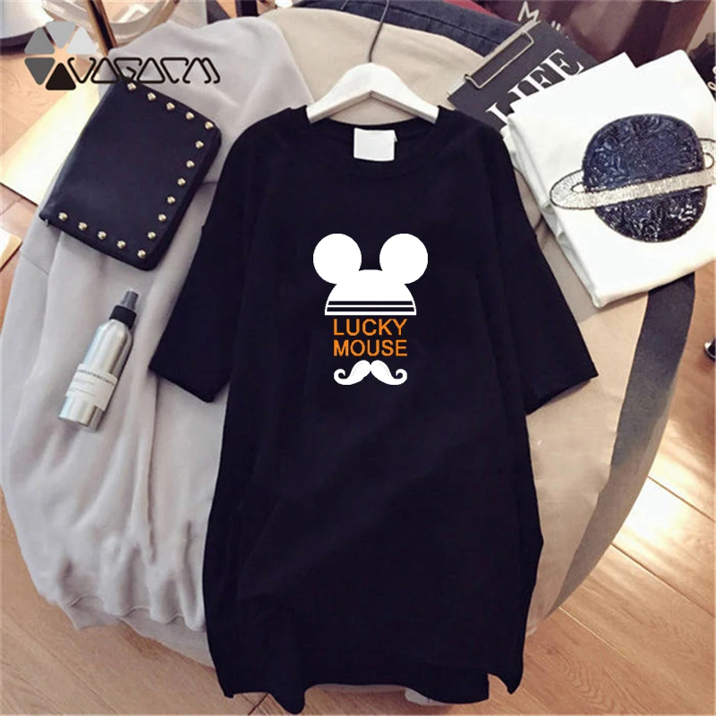 

Minnie Mickey Mouse Women Summer Dress Cartoon Print Short Sleeve Loose Black White Vestido Casual Mini Plus Size Dresses 2019