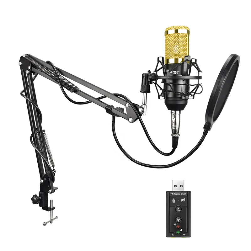 FELYBY Профессиональный bm 800 конденсаторный микрофон для компьютера аудио студия вокальный Запись микрофон KTV Караоке+ микрофонная стойка - Цвет: Gold Filter USB