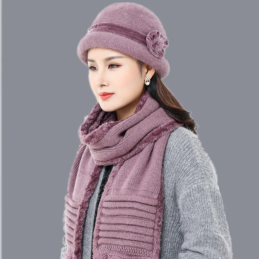 

Ymsaid 2018 Women Rabbit Fur Winter scarf Hats Set Knitted Hat Female Fashion Lady Middle-Aged Cap Neck Warmer Cap With Scarf