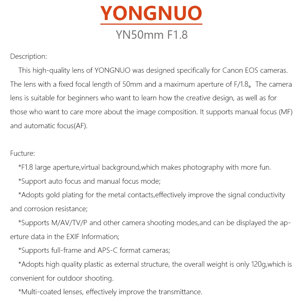 YONGNUO YN 50 мм объектив с фиксированным фокусом объектив EF 50 мм F/1,8 AF/MF объектив с большой апертурой Автофокус Объектив для Canon DSLR камеры