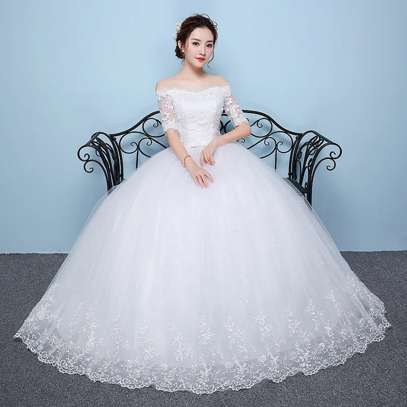 

Elegant White Wedding Dresses Off The Shoulder Ball Gown Embroidery Bow Sashes Boat Neck Lace Up Formal Bride Dresses Gelinlik