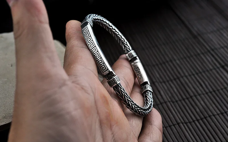 Pure 925 Sterling Silver Men Bracelets Vintage Punk Rock Hand-woven Personality Bracelets Thai Silver Fashion Jewelry Best Gifts