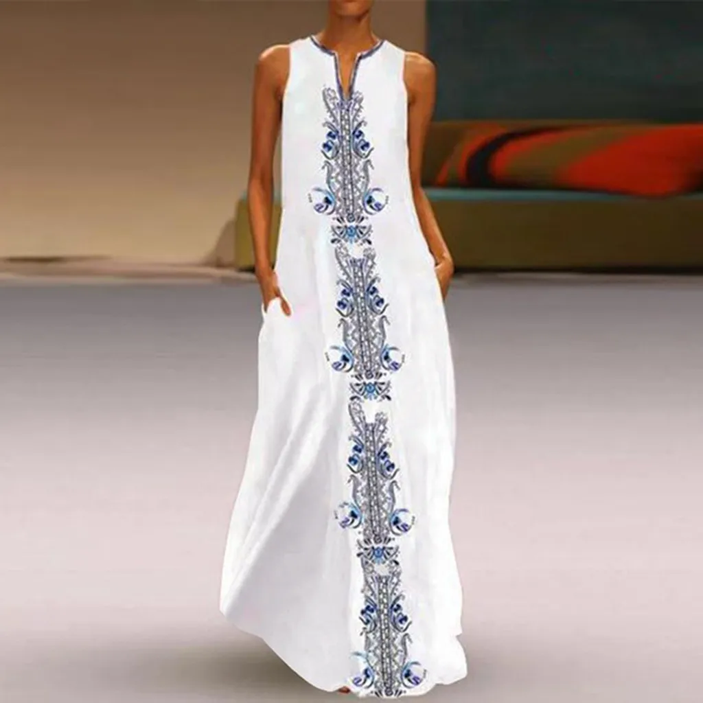 

Women Vintage Summer Maxi Dress Daily Casual Sleeveless Striped Printed V-Neck Party Maxi Dresses Beach Dresses Summer Dress NEW