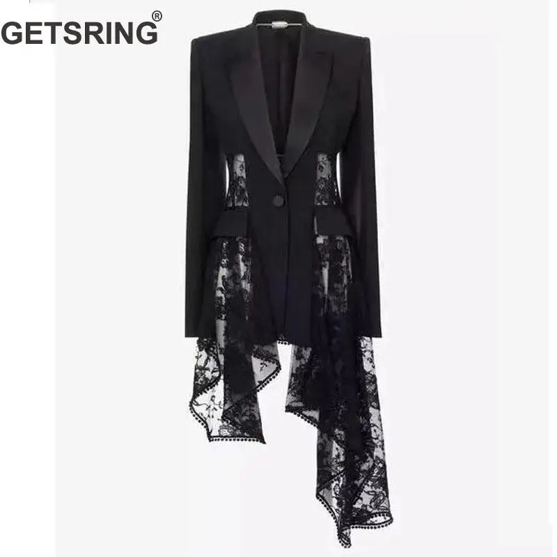 

GETSRING Women Blazer Lace Stitching Irregular Suit Blazer Long Sleeve Single Button Womens Jackets Slim Ladies Blazer Jacket