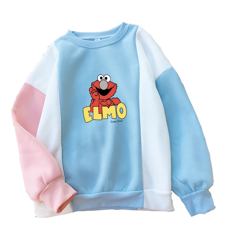  Kawaii SESAME STREET Elmo Printed Hoodies Women Harajuku Kpop Contrast Colors Sweatshirt Cartoon Ho