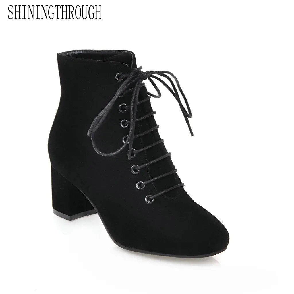 

SHININGTHROUGH Handmade pu Leather Ankle Boots Women Black Round Toe Lace-Up Shoes Botas Short Plush Warm Winter Boots