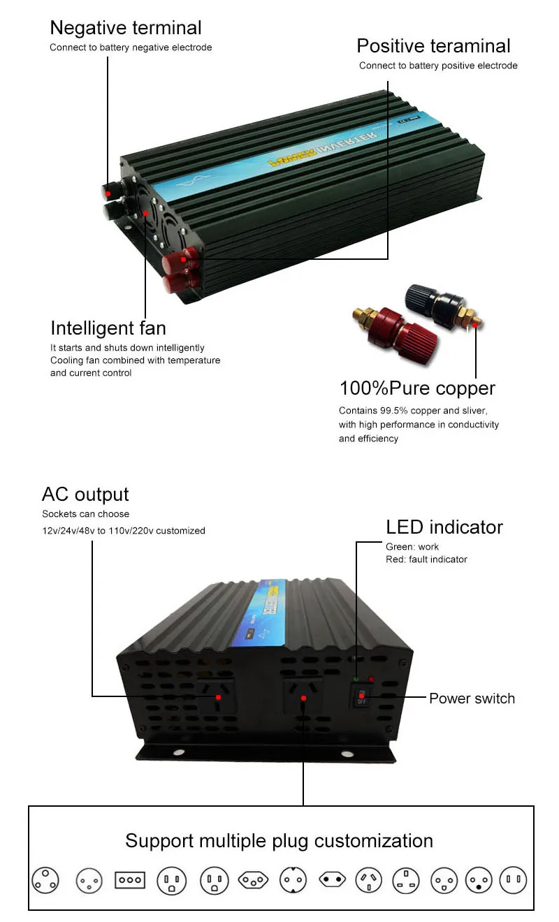 DC/AC, 48 v/230 v 2000 w Чистая синусоида Инвертор солнечной энергии