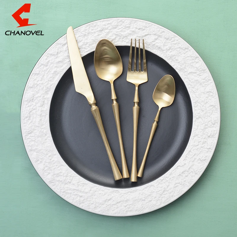 

CHANOVEL New Gold 304 Stainless Steel S poon Knife Dessert Fork Cutlery Dinnerware Tableware Set Kitchen Accessories
