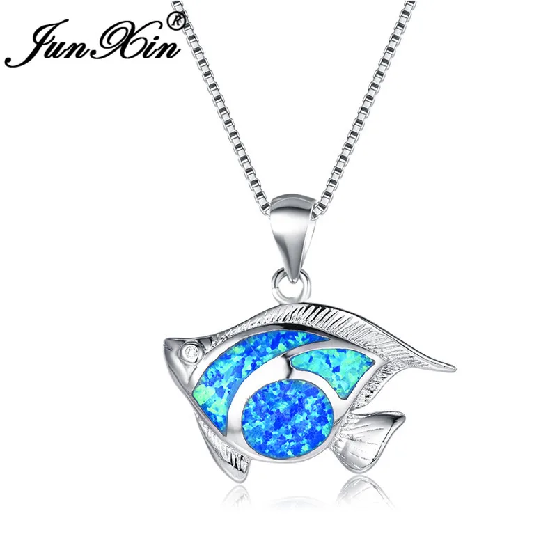 

JUNXIN Ocean Blue Fire Opal Fish Pendant Necklaces For Women Men 925 Sterling Silver Filled Mystical Birthstone Necklace Wedding