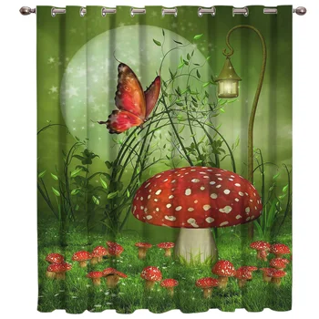 

Mushroom Butterfly Green Fairy Tale Room Curtains Large Window Window Curtains Dark Window Blinds Indoor Floral Drapes Window