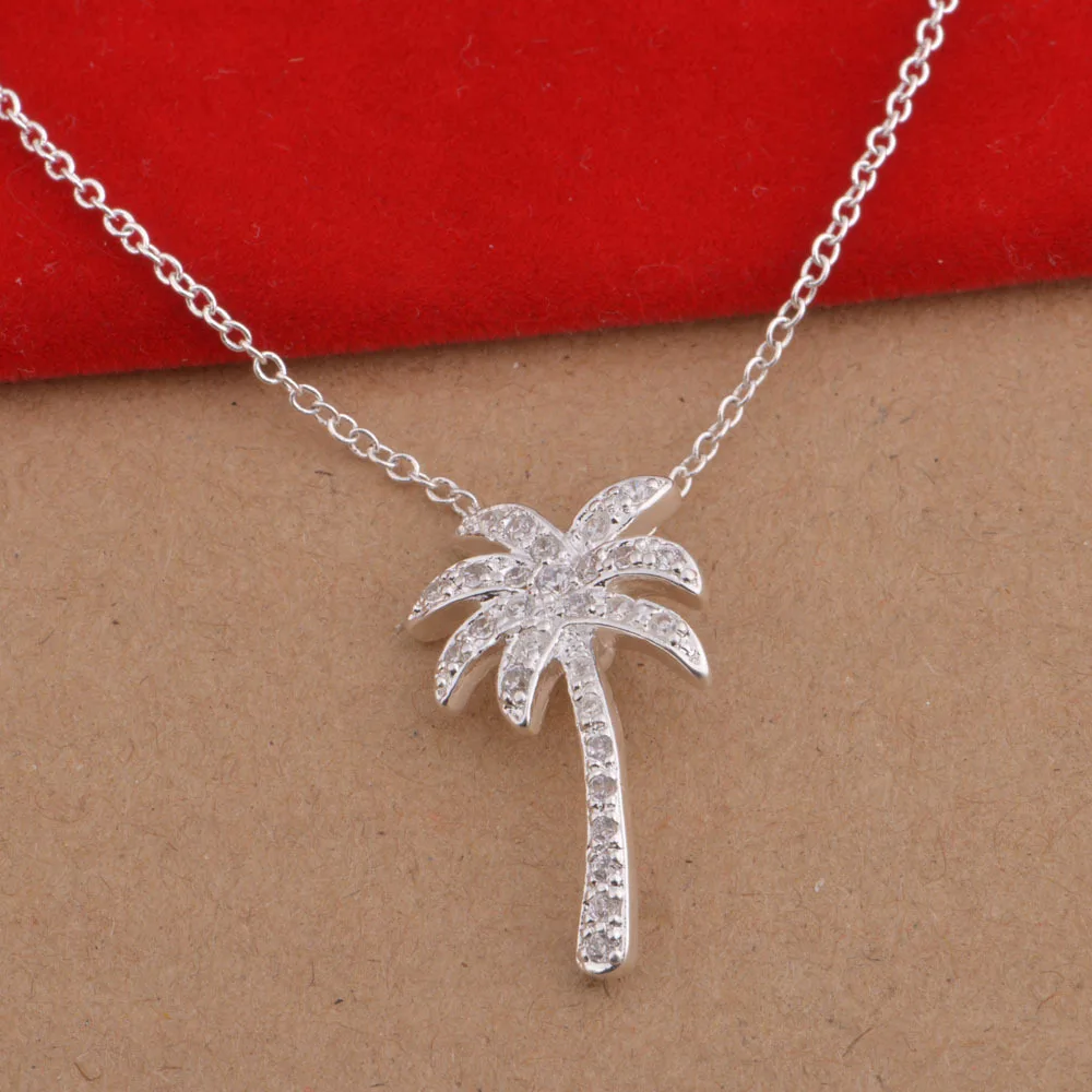 

10pcs Fashion Jewelry Cute 925 Sterling Silver Geometric Plant Palm Tree Necklace Pendant Silver Choker Chain Statement Necklace