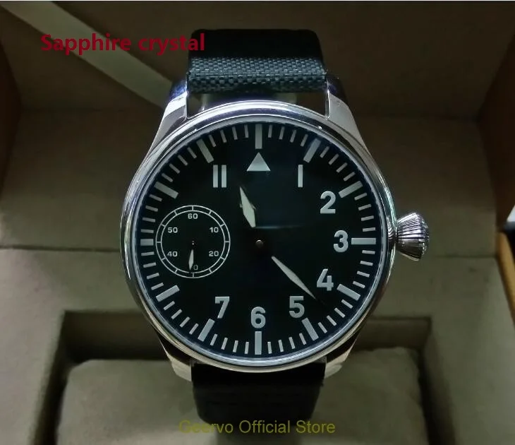 

Sapphire crystal 44mm GEERVO black dial Asian 6497 17 jewels Mechanical Hand Wind movement men's watch blue luminous 031A