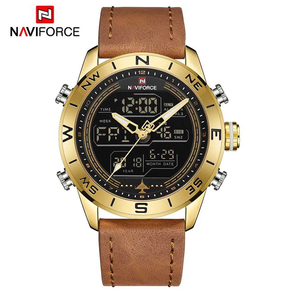 Billige NAVIFORCE 9144 Mode Gold Männer Sport Uhren Herren LED Analog Digital Uhr Armee Militär Leder Quarzuhr Relogio Masculino
