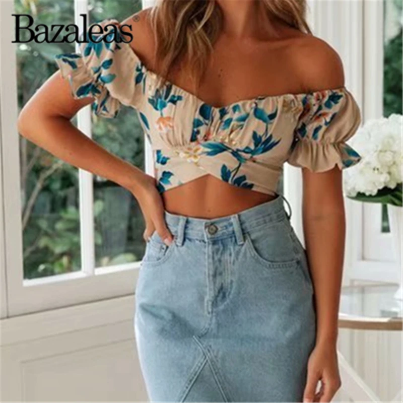 

Bazaleas Vintage Cross tshirt Casual Women T shirt Beach Off Shoulder Women T-shirt Floral Print womens crop top drop shipping