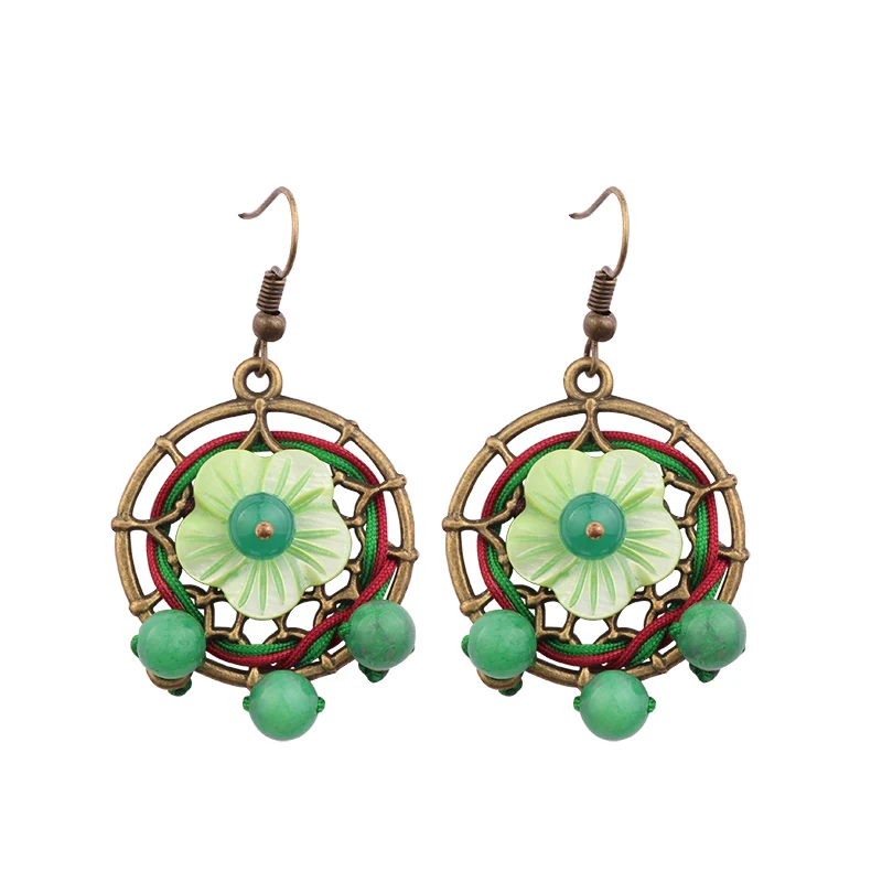 

New handmade braid green flowers vintage earrings for women ,nature stones Ethnic dangle earrings exoticj ewelry