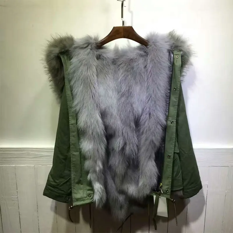 Зеленая куртка с лисьим мехом внутри, зимняя и весенняя Меховая куртка унисекс