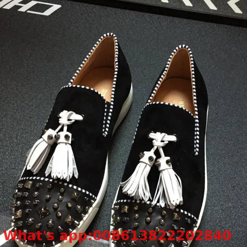 

Lace Up Patent Leather Red Bottom Low Cut For Men Shoes Black Suede Pendant Messy Rivet Casual Shoe Couple Flat Loafers