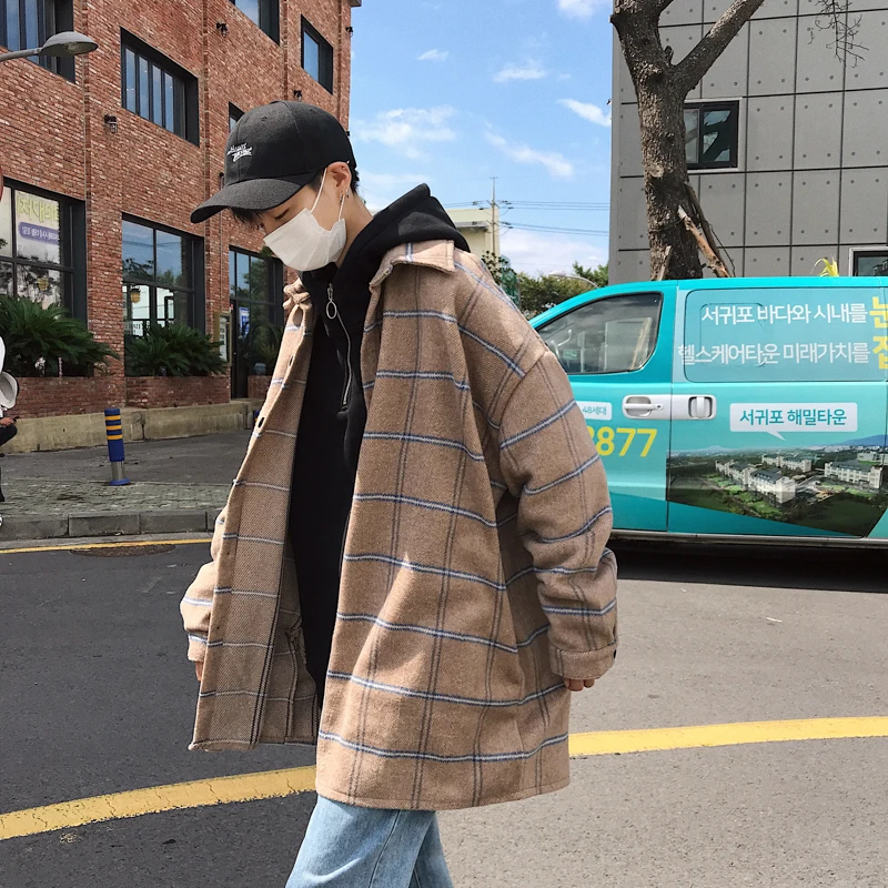 

Fashion Casual Men's Coat Autumn And Winter New M-2XL Plaid Lapels Loose Shirt Jacket Beige Purple Personality Youth Popular