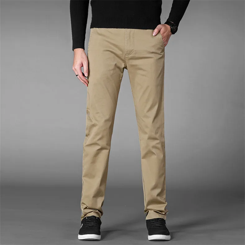 Осенние повседневные брюки мужские бизнес стрейч хлопок прямой крой брюки мужской официальный костюм брюки, расцветка черная и хаки плюс размер 42 44 46 - Цвет: Хаки