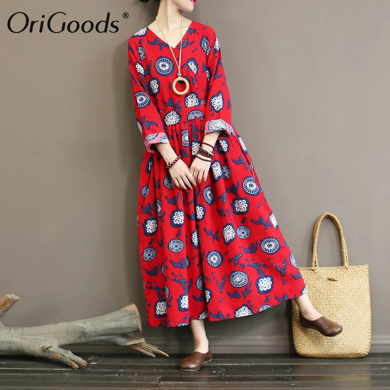 

OriGoods V-neck Long sleeve Long Dress Women Vintage Print Cotton Summer Dress 2019 New Elegant Original Dress Robe Femme A389