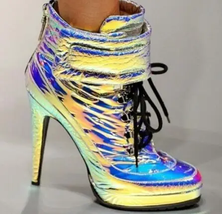 2017 Newest Fashion Shinny Punk High Heels Ankle Boots font b Women b font Spring Lace