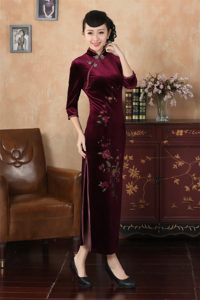 Шанхай история китайский Стиль долго Cheongsam платье женщины платья осень цветочной вышивкой платье бархат qipao платье 3 Стиль