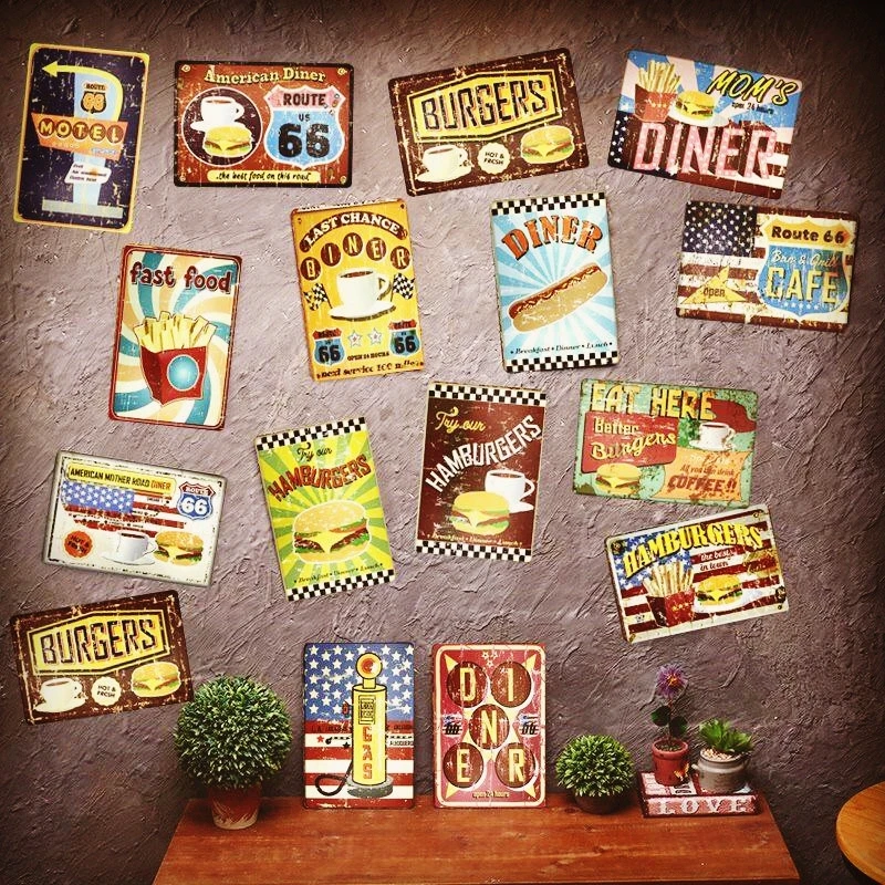 

ROUTE66 GAS BURGERS & FRIES Metal Sign Bar Wall Decoration Tin Sign Vintage Metal Signs Home Decor Painting Plaques Art Poster