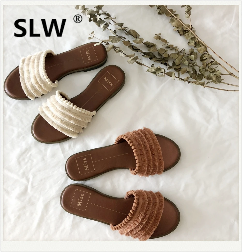 

Shoes Socofy Women's Slippers 2019 Designer Slides Fringe Soft New Luxury Summer Sliders Flat PU Elegant Fabric Concise Basic