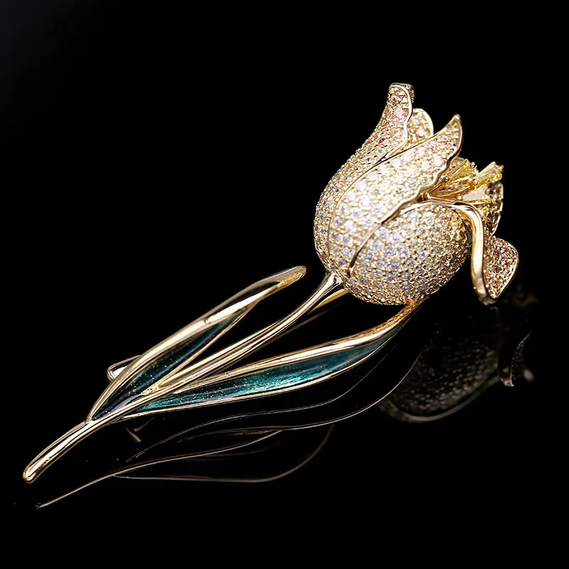 

Gold tulip flower CZ brooch pin elegant rose cubic zirconia brooches wedding suit costume accessories luxury jewelry unisex K31