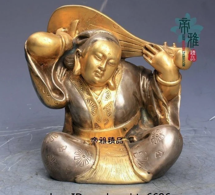 

China Bronze 24K Gold Gild Silver Japanese Pipa Seven Lucky Gods Buddha Statue