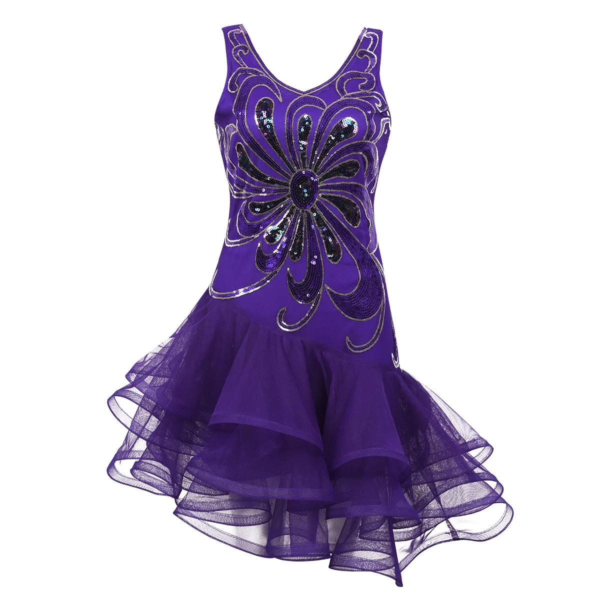 TiaoBug женское платье с блестками и рюшами, асимметричное платье для танго, сальсы, латинских танцев, бальные костюмы для выступлений, костюмы для лирических танцев - Color: Purple