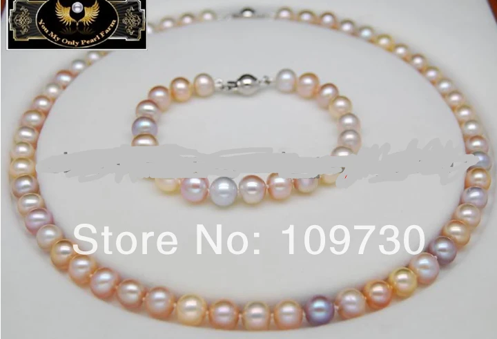 

Jewelry 00633 Natural 9-10MM AAA Multi-colored pearl jewelry set (necklace&Bracelet) (A0423) -Bride jewelry free shipping