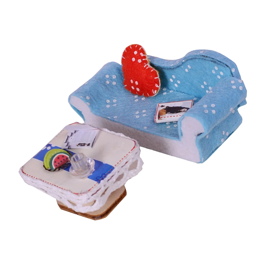 

1/24 Dollhouse Miniature Living Room Furniture Sofa with Cushion & End Table Accs Blue