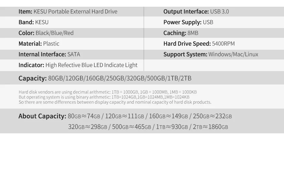 KESU 2,5 дюймов портативный внешний жесткий диск USB 3,0 HDD Внешний HD жесткий диск для ПК Mac Настольный Ноутбук сервер(черный/синий/красный