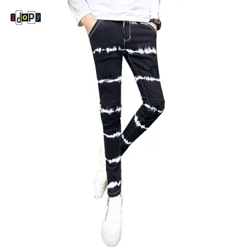 

Idopy Men`s Personality Jeans Striped Graduate Color Pencil Skinny Elastic Waist Hip Hop Street Style Pants For Young Male