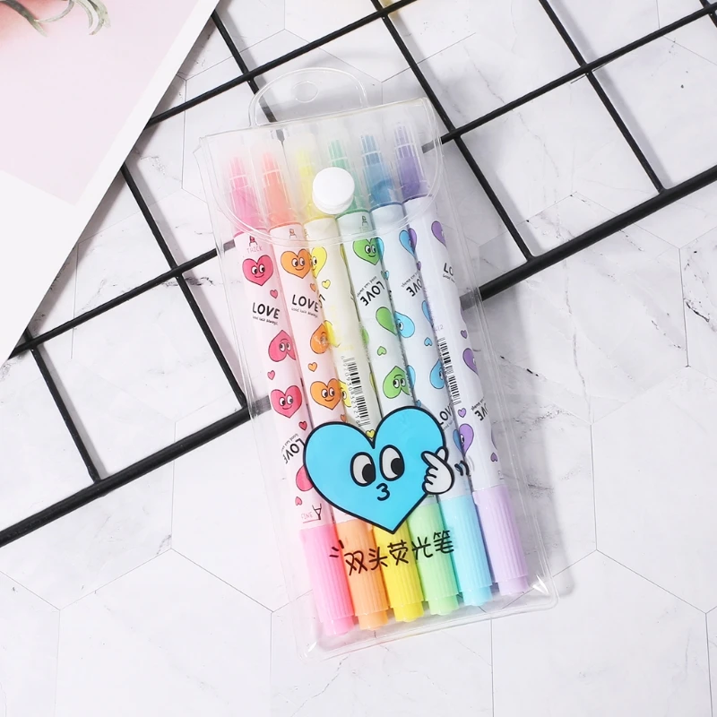 

6pcs Cute Heart Double Writing Highlighter Marker Pens School Office Stationery