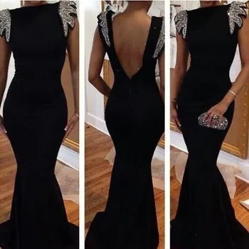 

Real Image Black Evening Dress Long Mermaid Boat Neck Sleeveless Sexy Backless Sequins Evening Dresses Vestido De Festa Longo
