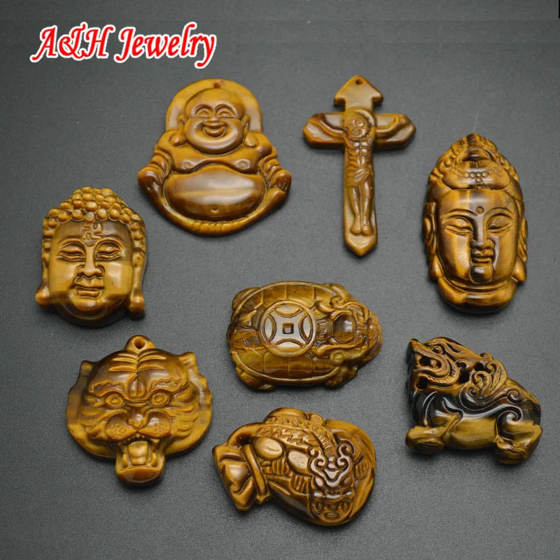 

2pcs Natural Tiger Eyes Fine Carved Craft Pendants Cross Buddha Pixiu Jesus Fashion Unisex Jewelry Charms