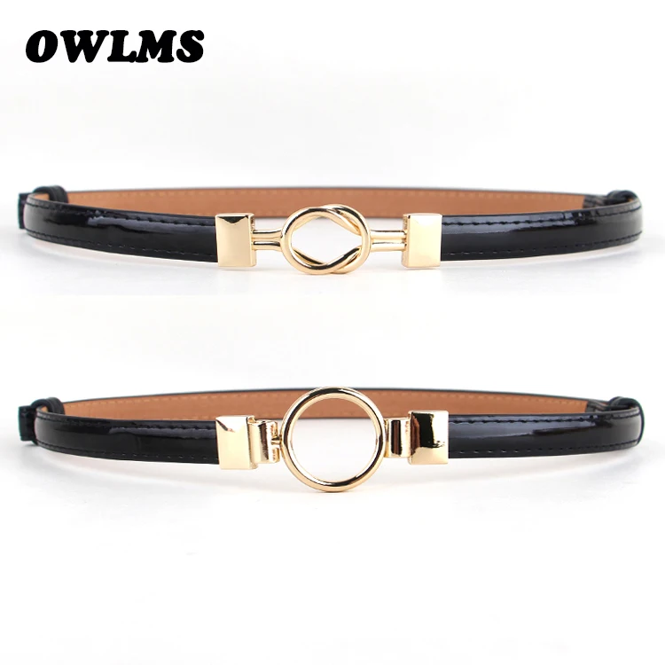 Female dress belts Gold circle buckle adjustable thin belt black PU leather corset female ...