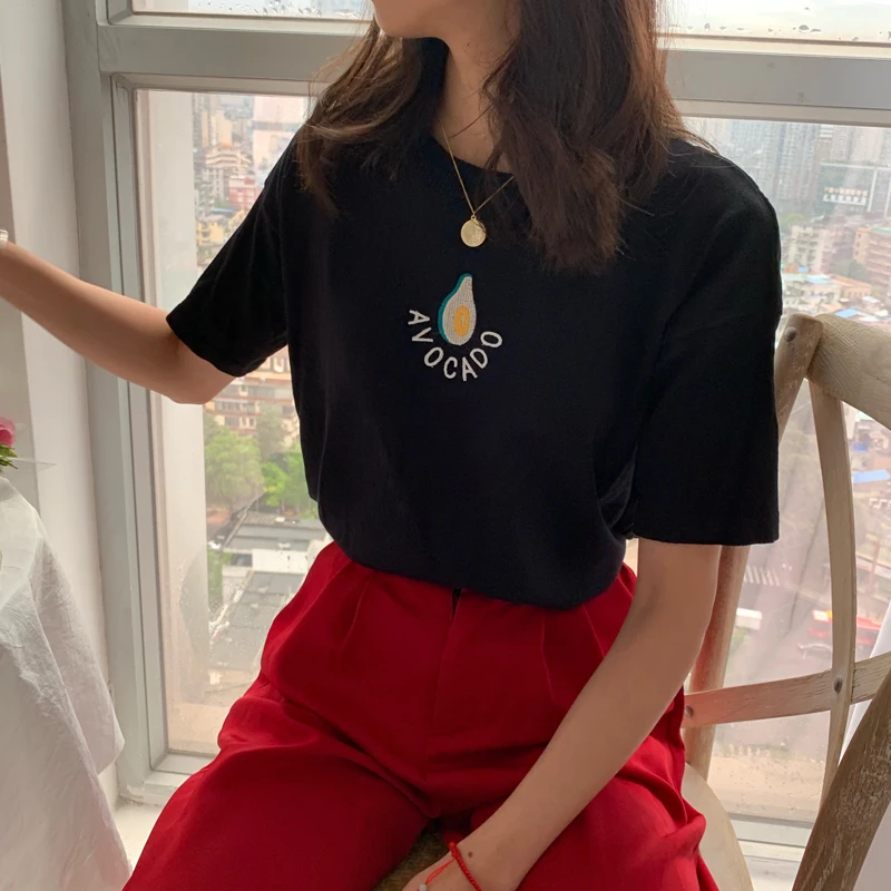 RUGOD Летняя женская футболка с круглым вырезом и вышивкой авокадо, футболка с коротким рукавом, Корейская свободная Элегантная стильная Милая Повседневная Женская трикотажная футболка