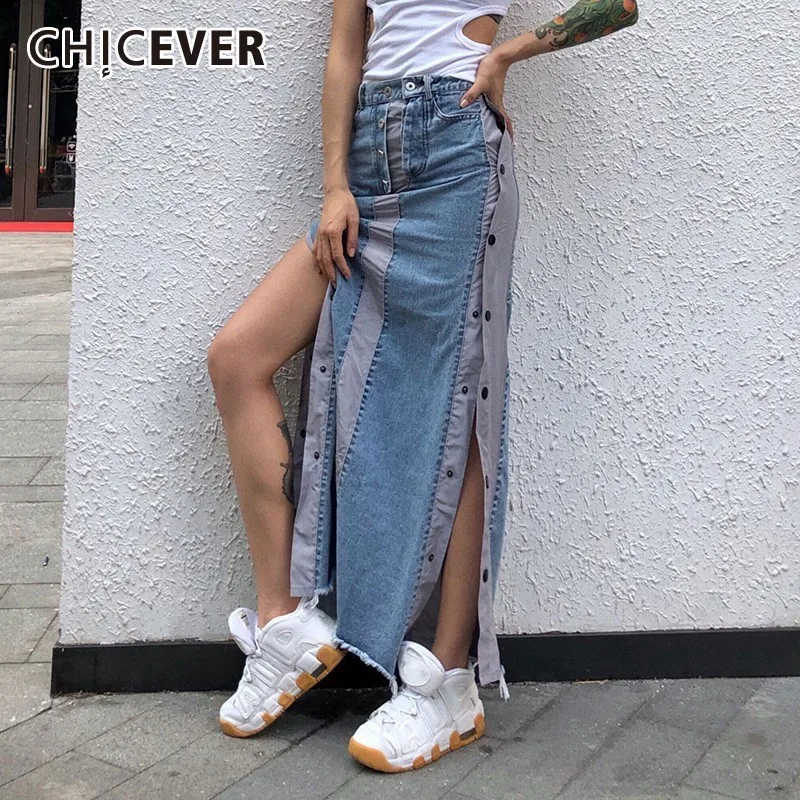 

CHICEVER Summer Streetwear Denim Patchwork Side Button High Waist Split Hem Ankle Length Female Skirts 2019 Fashion New Tide