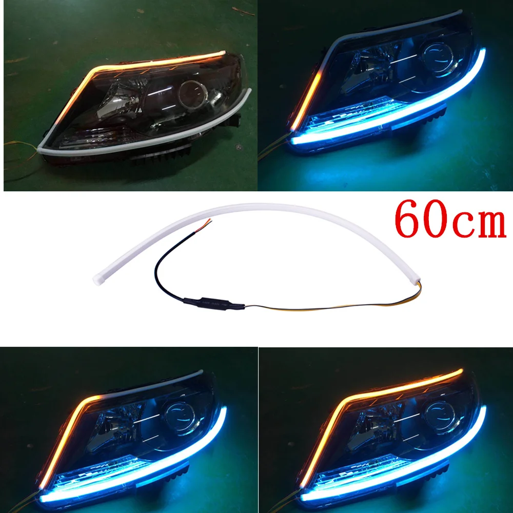 

2X 60cm Daytime Running Light Universial Flexible Soft Tube Guide Car LED Strip Ice Blue DRL Flowing Yellow Turn Signal Light