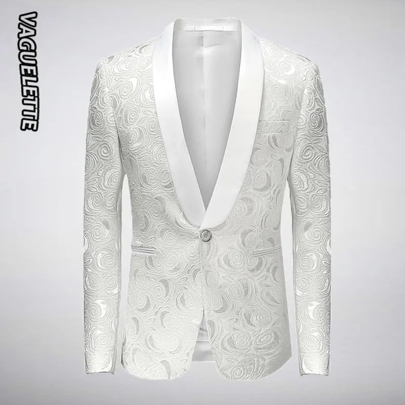 VAGUELETTE вышитый розовый цветочный Мужской Блейзер модный элегантный белый сценический костюм куртка для мужчин Роскошные свадебные смокинги M-5XL - Цвет: White