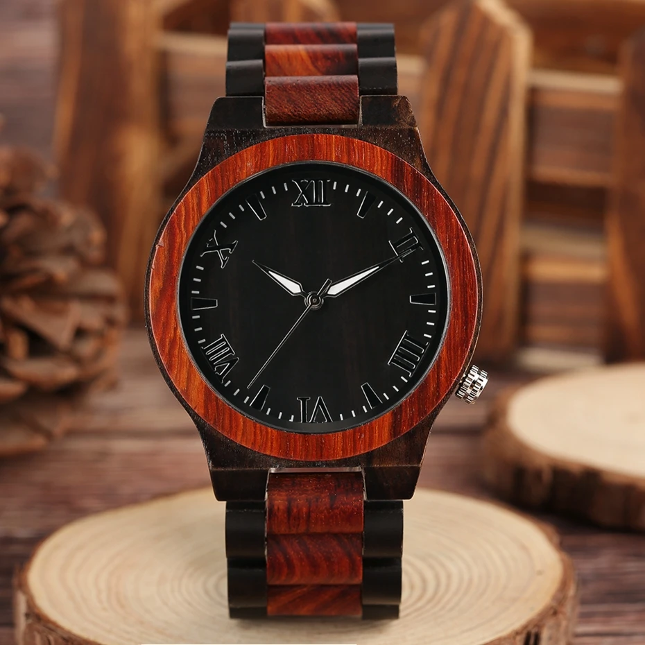 Men's Watch Round Vintage Bamboo Wood Case Luxury Natural Sport Wristwatch with Full Wooden Band Japanese Movement Roman Numeral 2017 2018 Gifts for Dad Him (7)