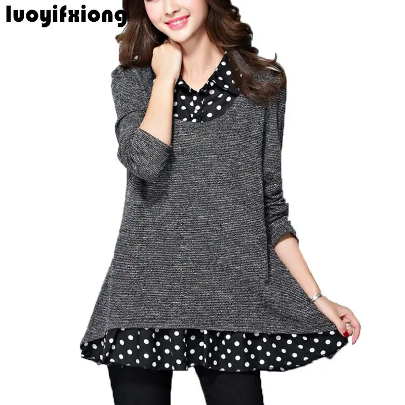 

Women Blouses 2019 Fashion Knittin Shirts Plus Size Ladies Tops Grey Casual Long Sleeve Chiffon Patchwork Fake Two Pieces Blouse