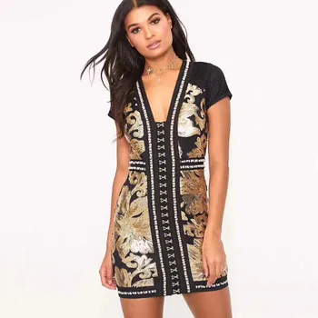 

factory wholesale New Dress Black Gold glitter Elastic tightness Package hip was thin Cocktail party bandage dress (L2402)