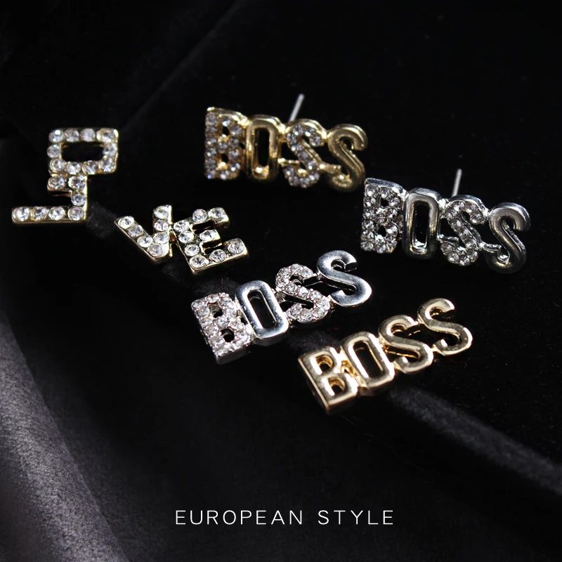 

Crystal Boss Love Gold Silver Color Alloy Letter Stud Earring For Women Top Quality Fashion Jewelry Party Club Earrings ABE166
