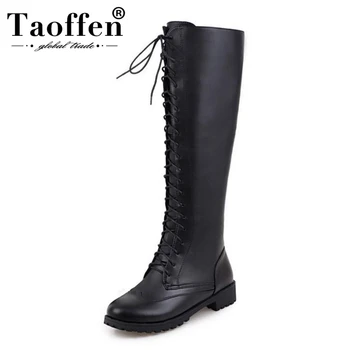 

Taoffen Fashion Women Knee High Boots Winter Lace Up Warm Shoes For Women Fur Flats Boots Round Toe Ridding Boot Size 33-43