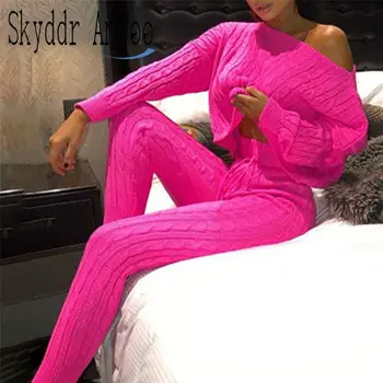 

2020 Autumn Winter Knitted 2 Piece Set Women Neon Long Sleeve Crop Tops And Long Pants Sexy Sweater Two Piece Set Outfits